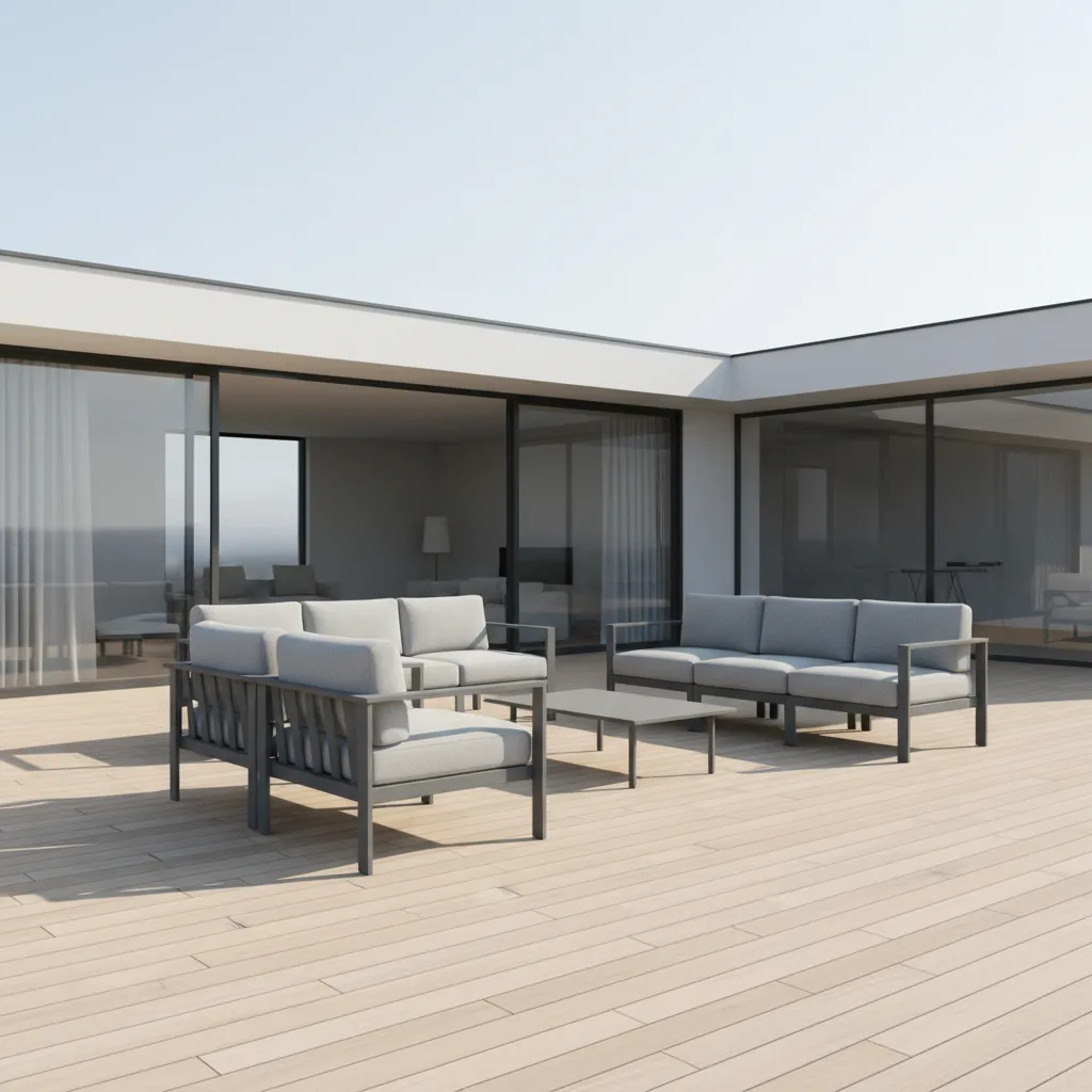 Modern aluminum outdoor furniture set on contemporary patio