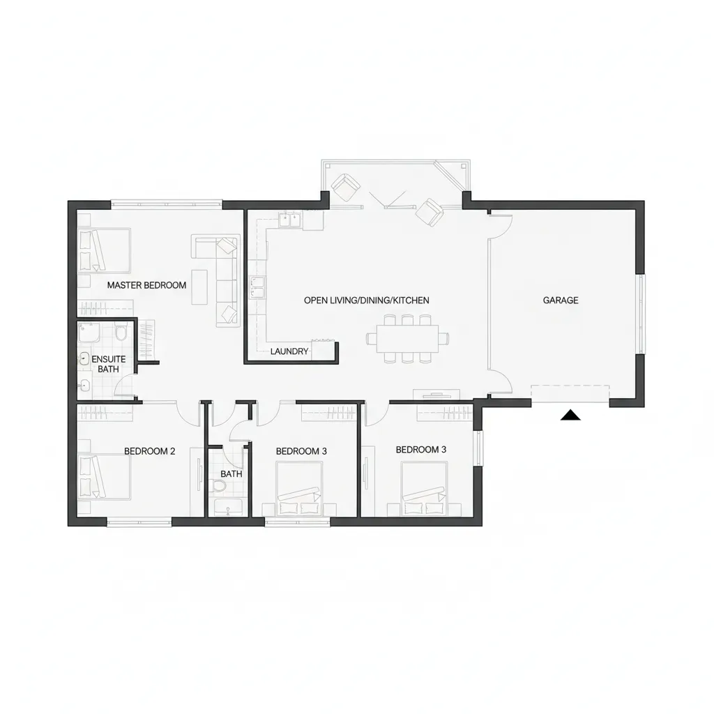 Plano arquitectónico de una casa moderna americana con distribución abierta