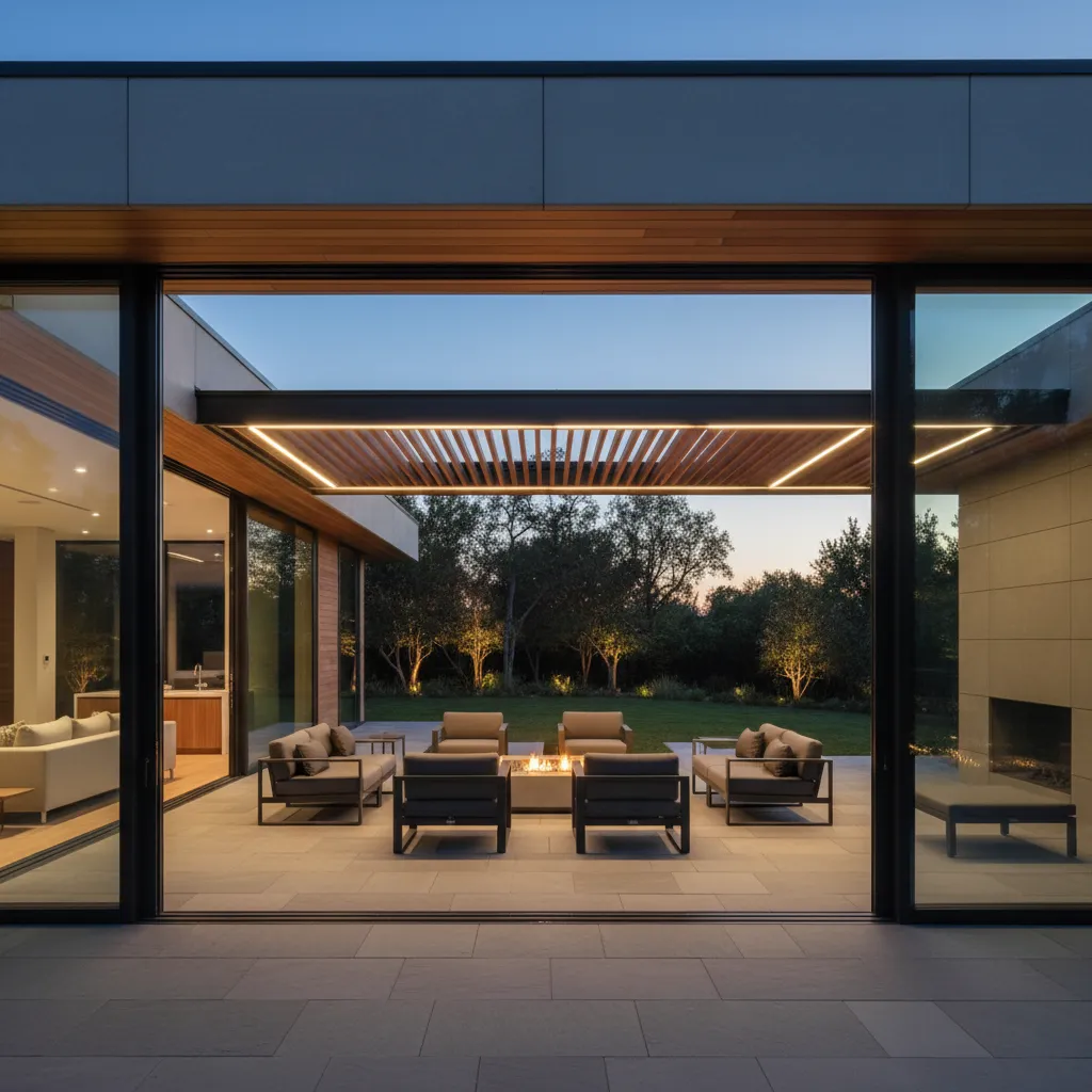 Casa moderna americana con grandes ventanales conectados al jardín