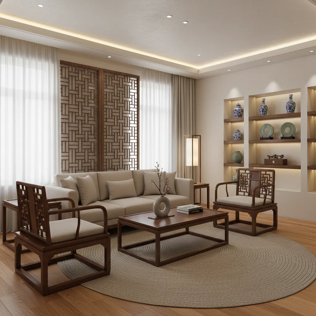 modern sofa paired with traditional Ming style wooden chairs in a Chinese inspired living room