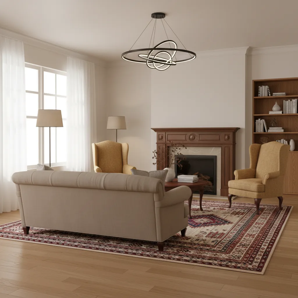 Interior design blending modern neutral walls with classic warm furniture