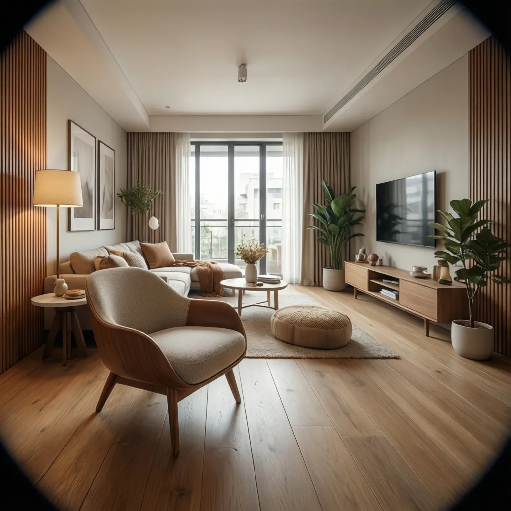 Stylish modern accent chair styled in a compact apartment interior