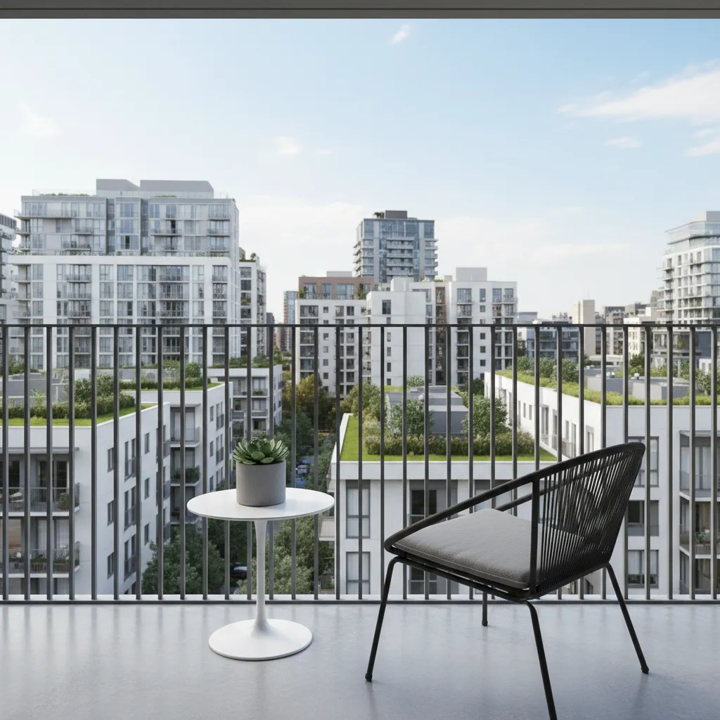 modern apartment balcony with minimal vertical metal grill railing