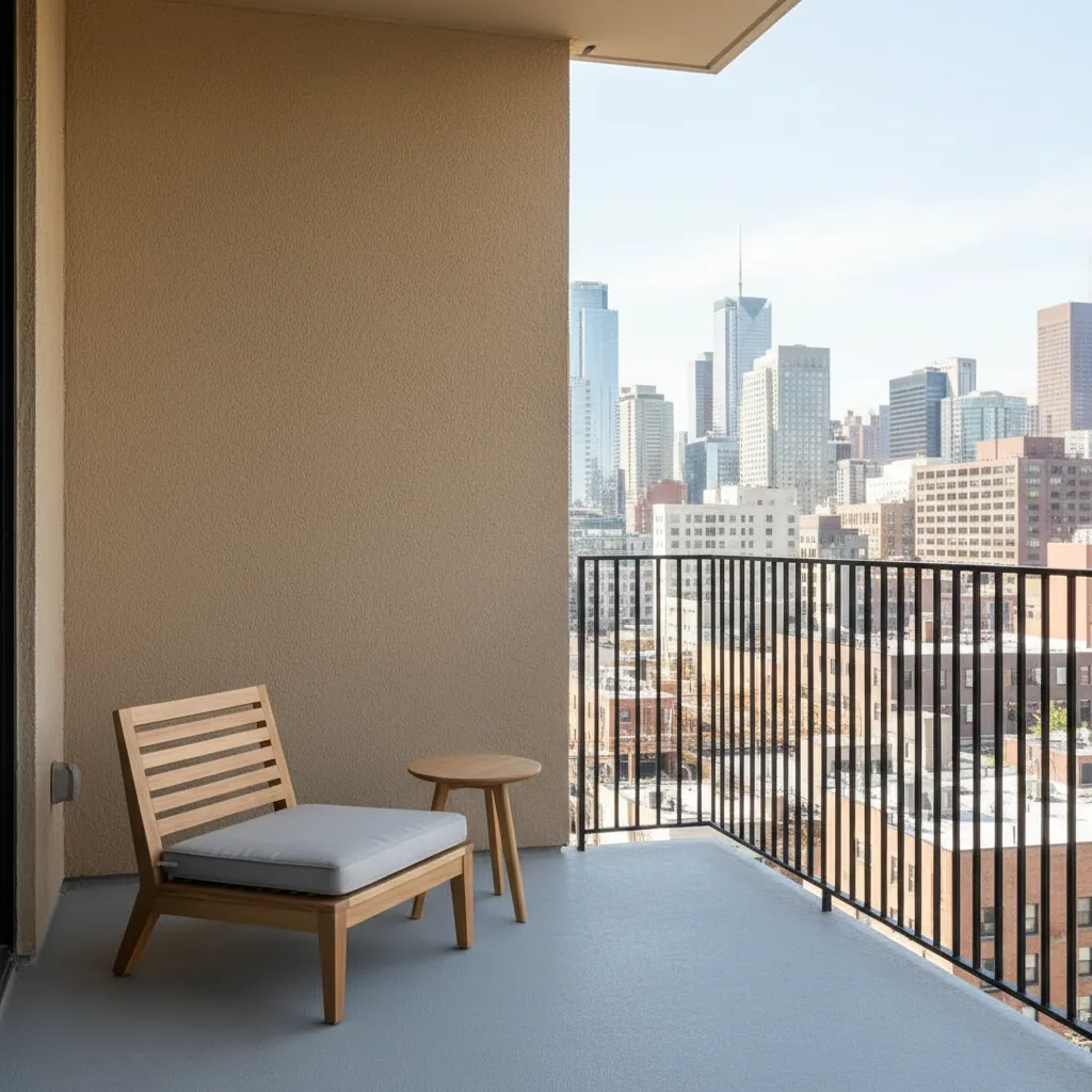 Modern apartment balcony with grey flooring black railing and minimalist furniture