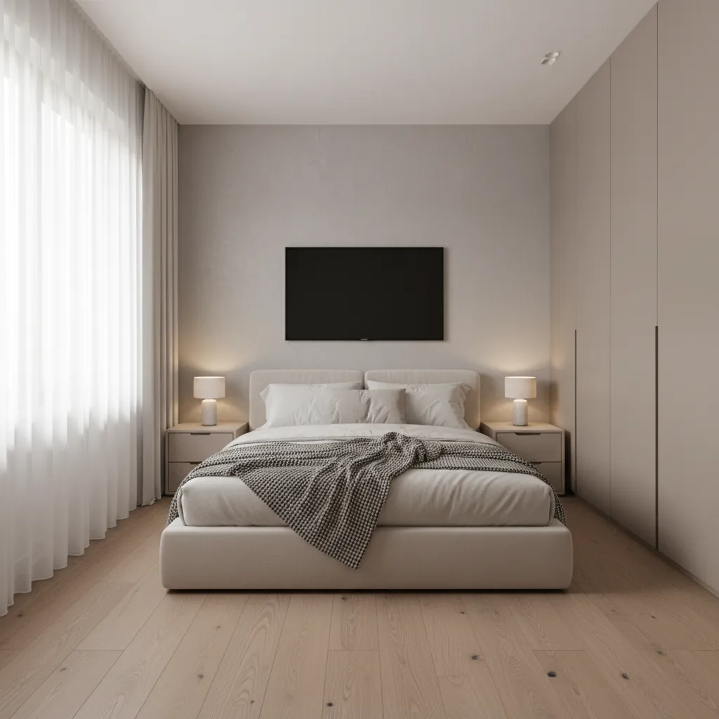 modern apartment bedroom layout with tv placement opposite bed