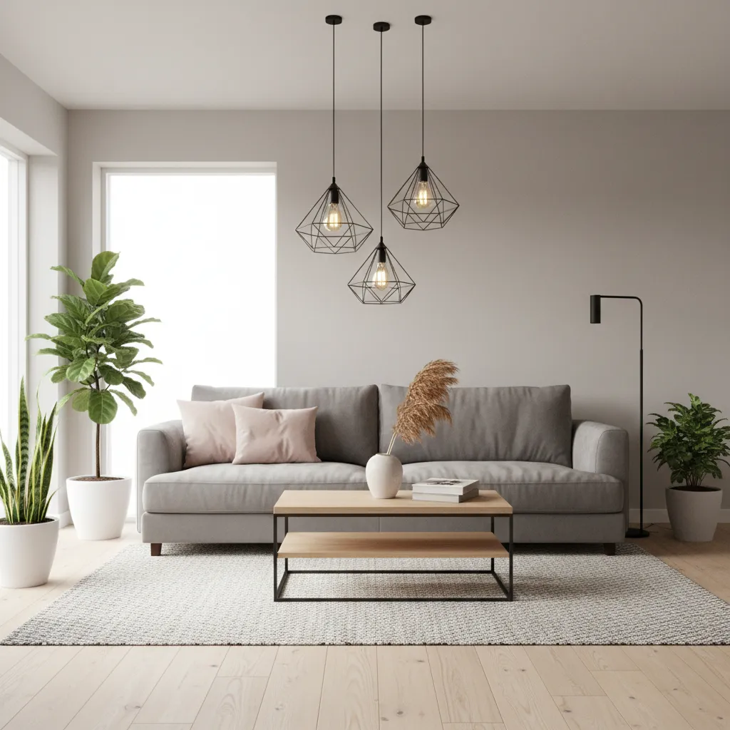 Grey sofa with pink cushions wooden coffee table rug green plants and black ceiling lights