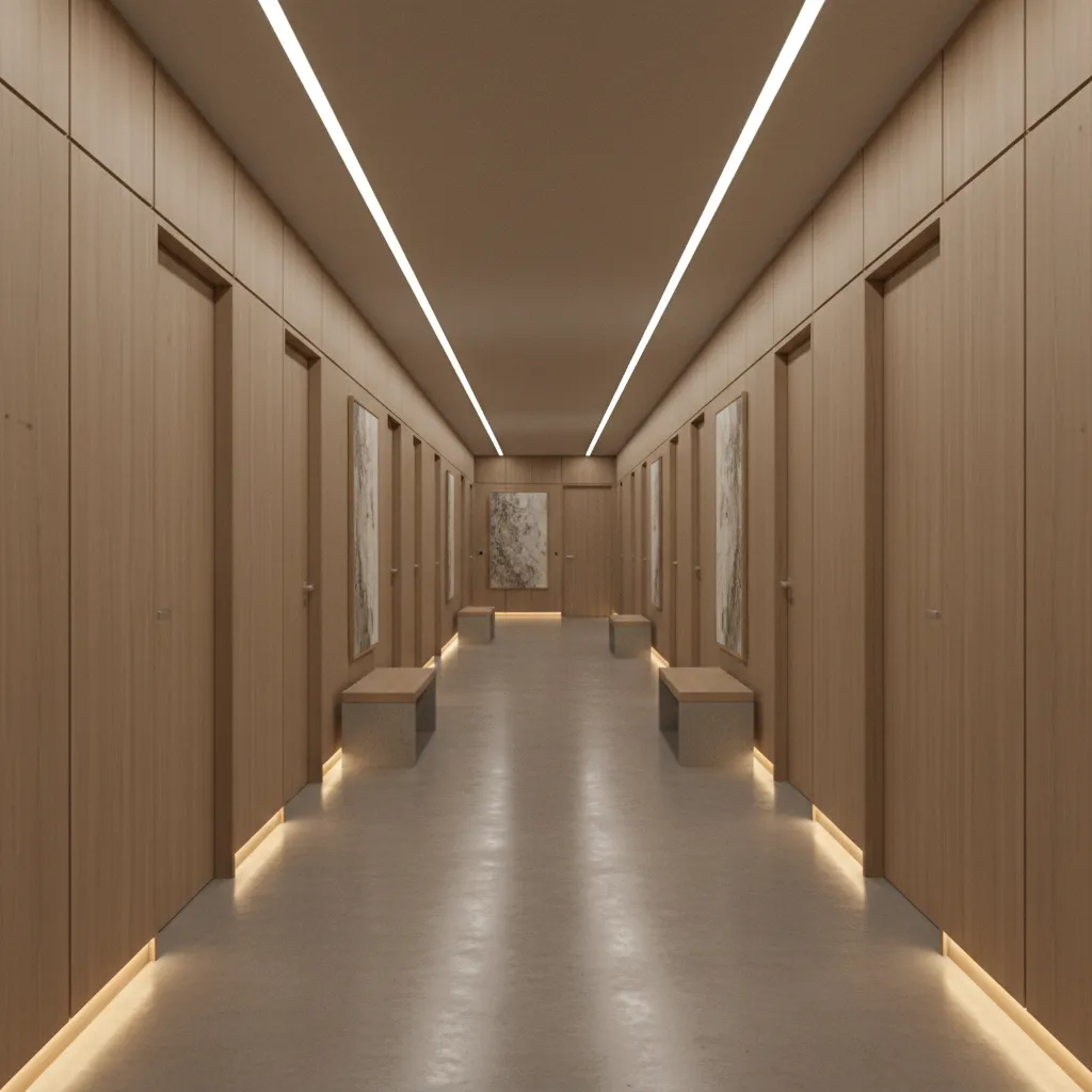 modern apartment building interior corridor with apartment entrances