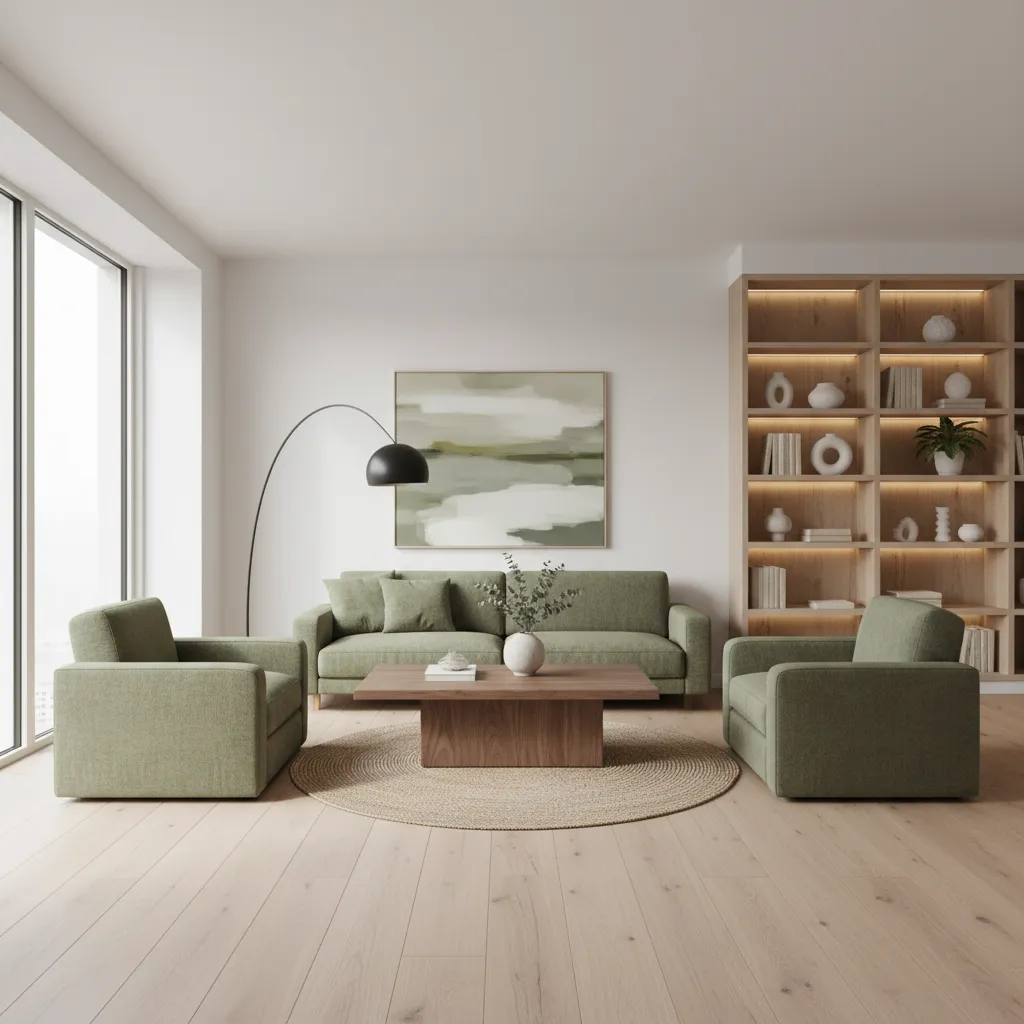 Interior moderno con combinación de blanco, madera y acentos de color