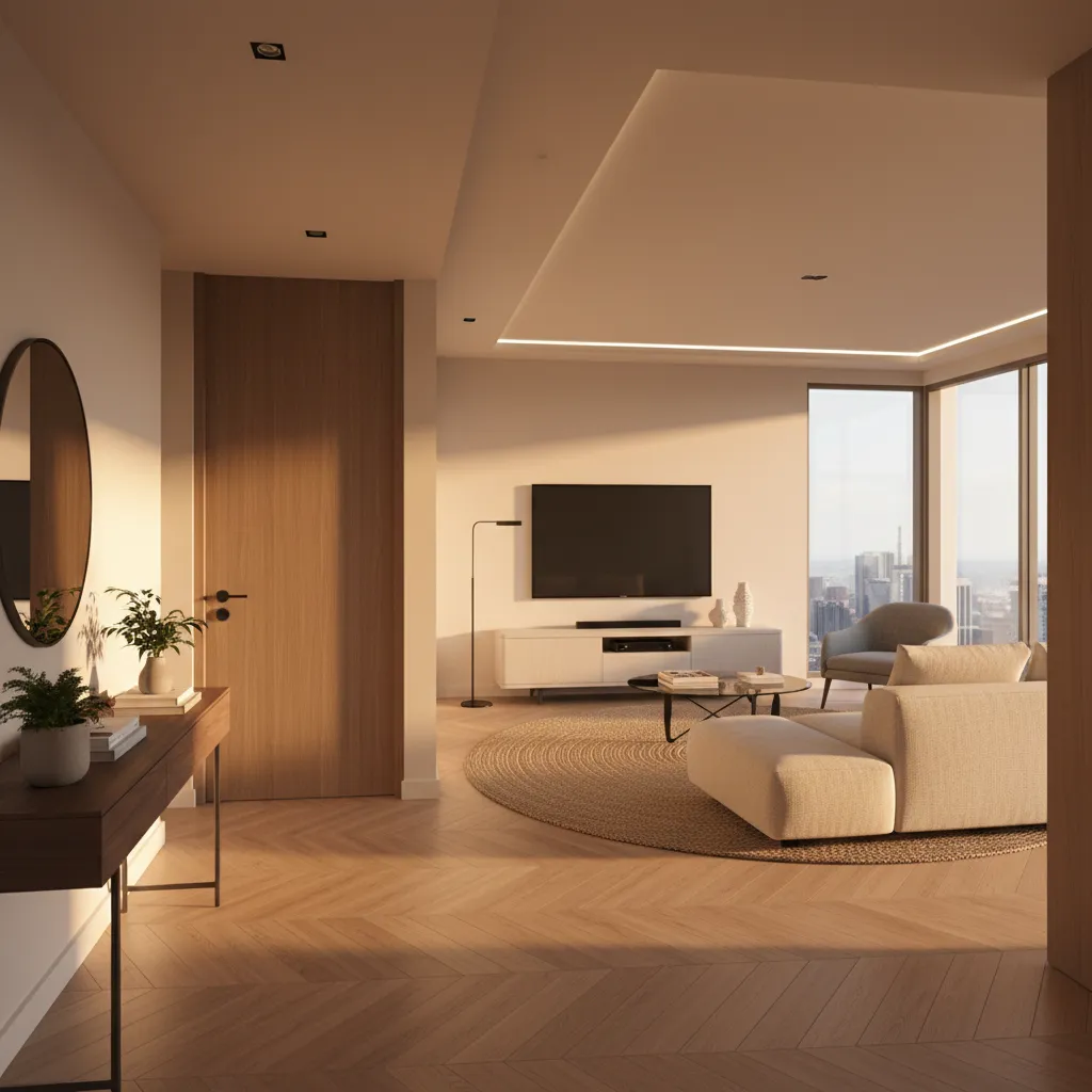 Small apartment foyer leading to living room with bathroom door positioned on side wall