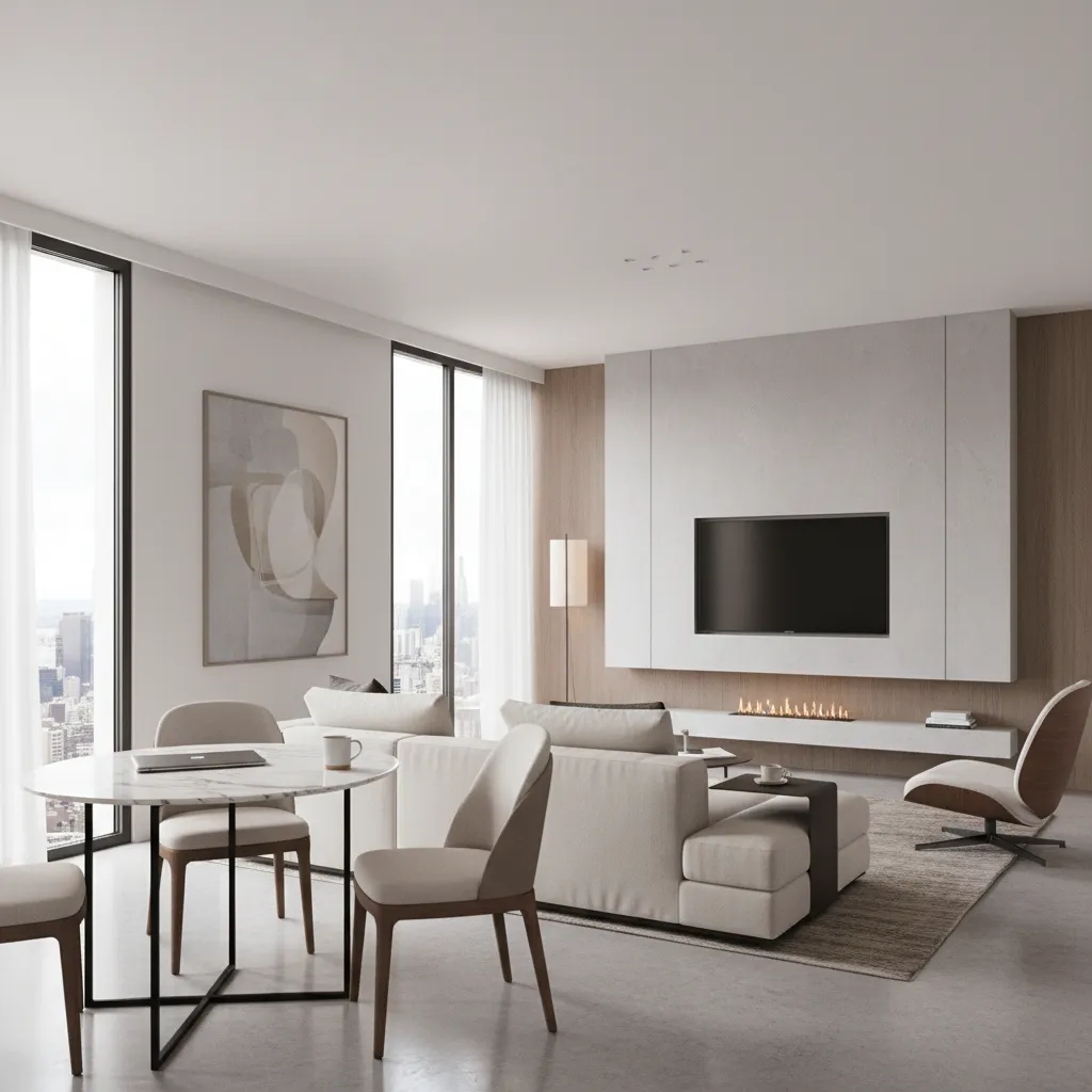 Modern apartment living dining room with flexible furniture layout for work and dining