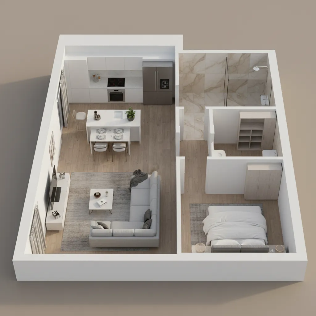 modern apartment floor plan rendered in 3d with furniture and lighting