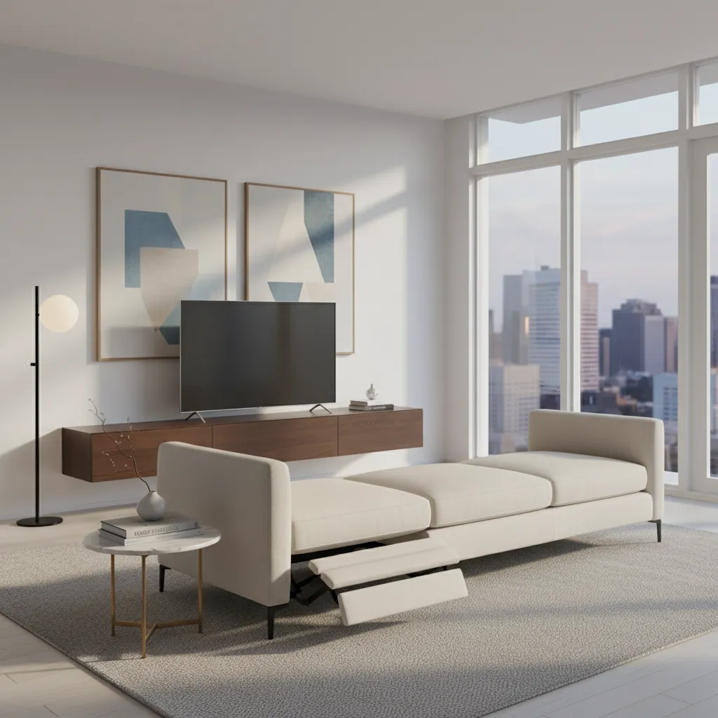 sleek modern reclining sofa with hidden footrest in contemporary apartment