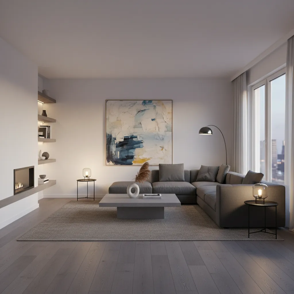Modern apartment living room featuring grey flooring and white walls