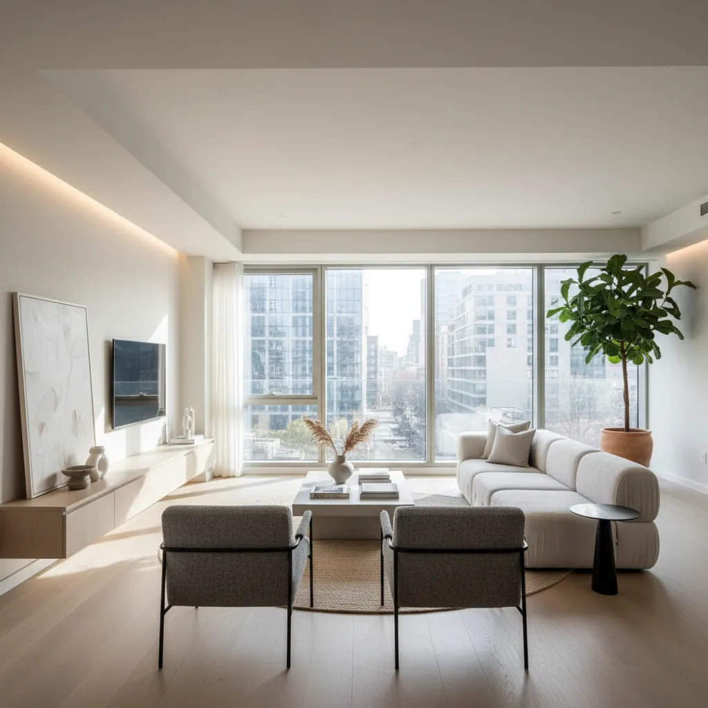 Modern bright living room with white sofa grey chairs wood flooring large windows green plant
