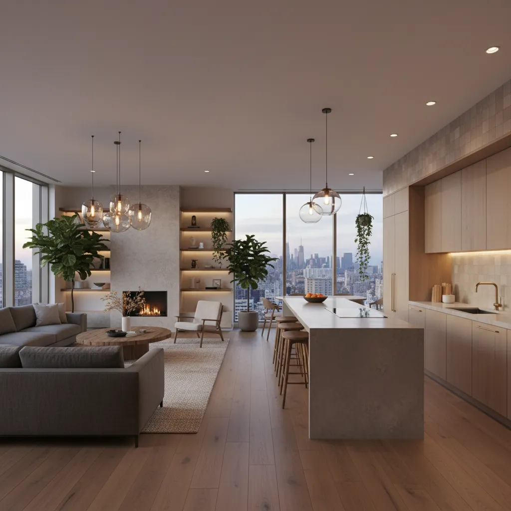 Modern living room and kitchen featuring grey sofa fireplace wood floor and large glass windows