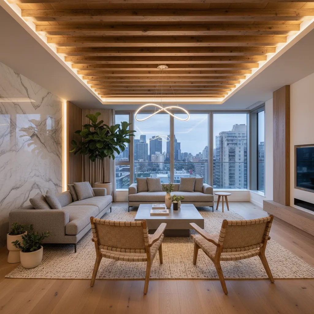 Modern living room featuring gray sofa wooden chairs large windows city view and ceiling light