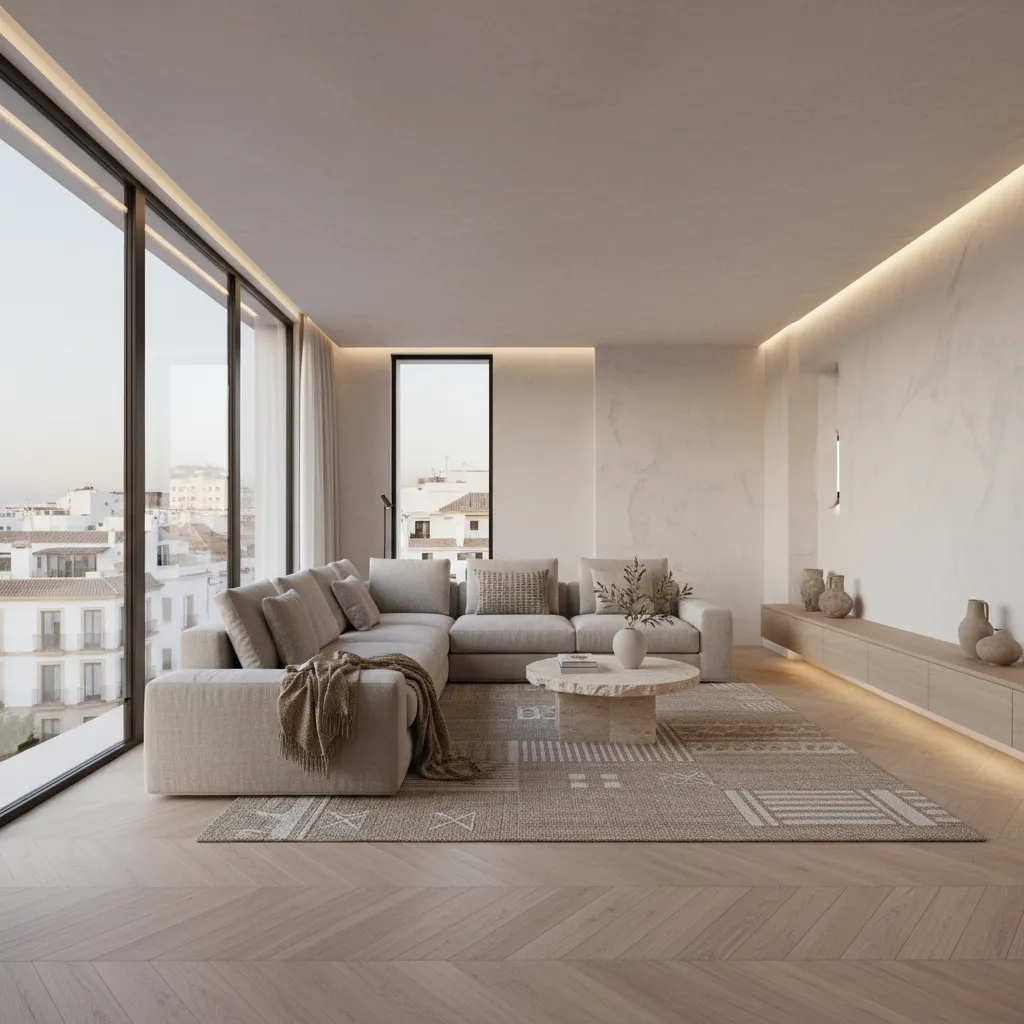 Modern living room with beige sofa coffee table rug wooden floor and big city window