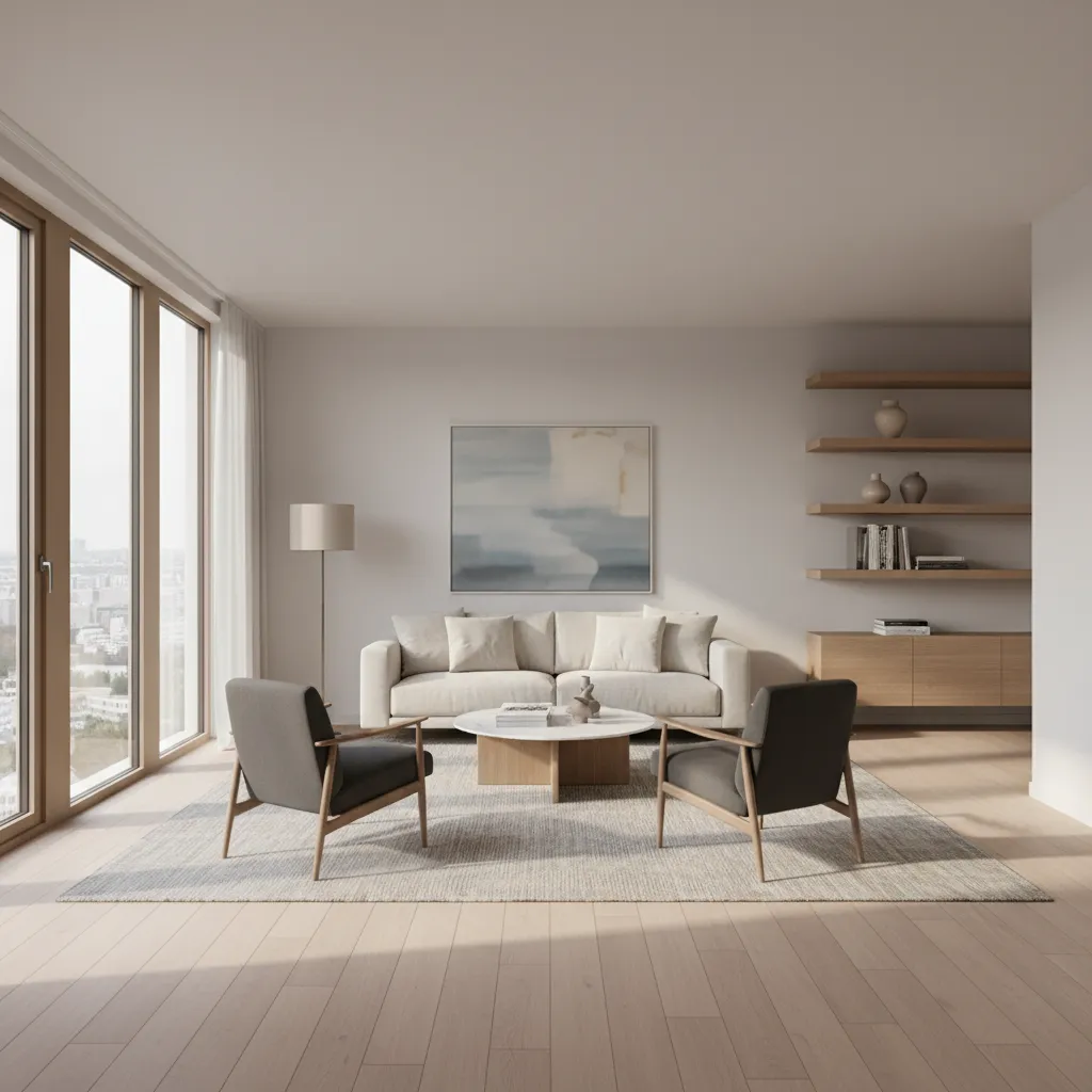 Bright modern living room with white sofa grey chairs marble coffee table and wooden shelves