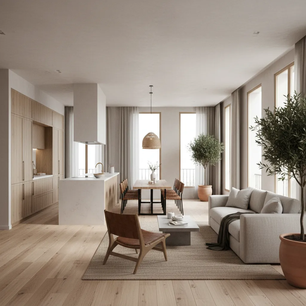 Proyecto de interiorismo en un apartamento moderno con cocina abierta y salón integrado