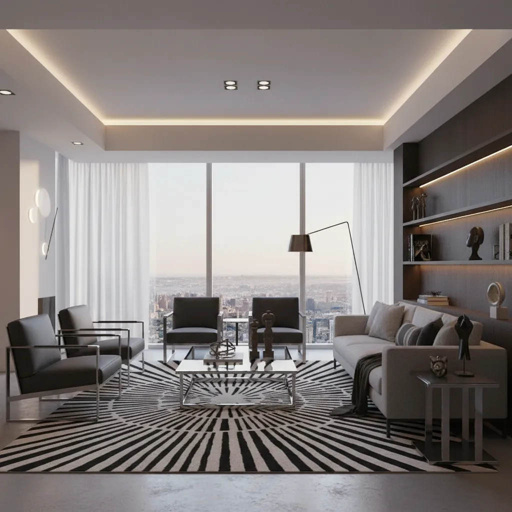 modern apartment living room with sleek furniture glass and metal materials