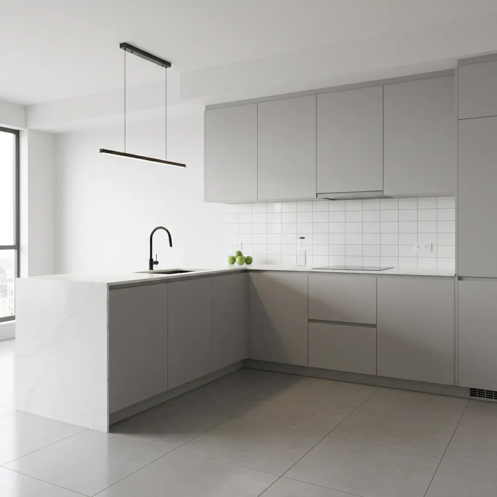 Modern modular kitchen with quartz countertop and matte cabinets