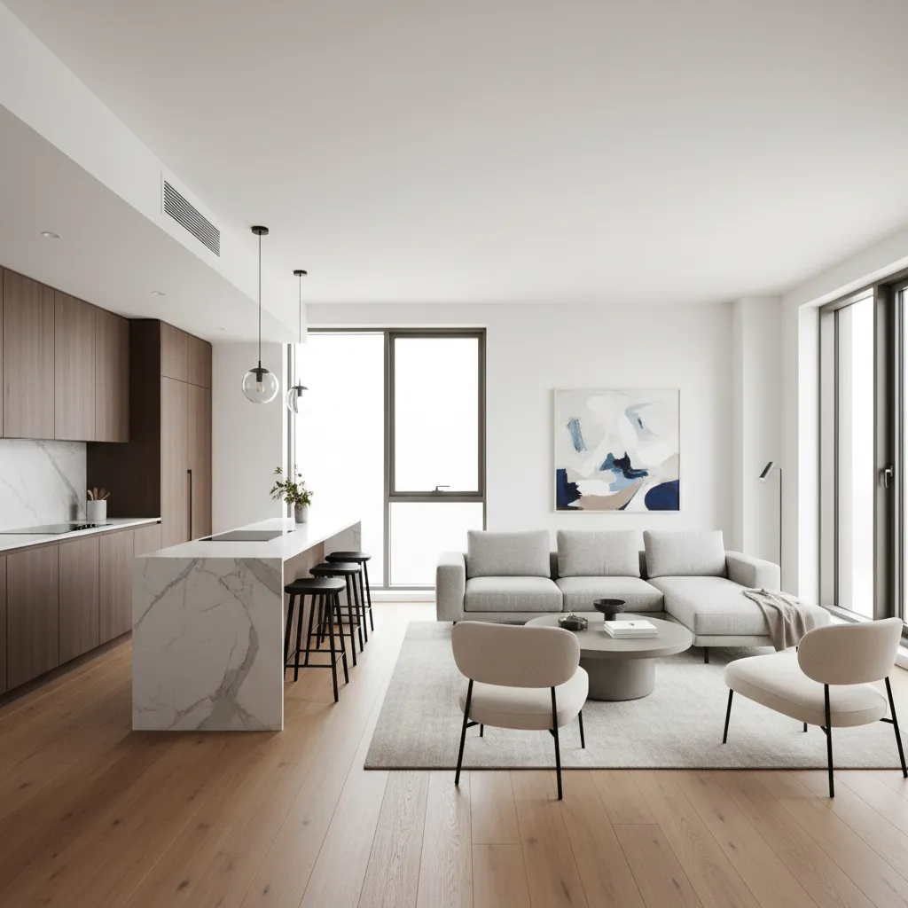 Modern apartment interior showing efficient living area layout and open space planning