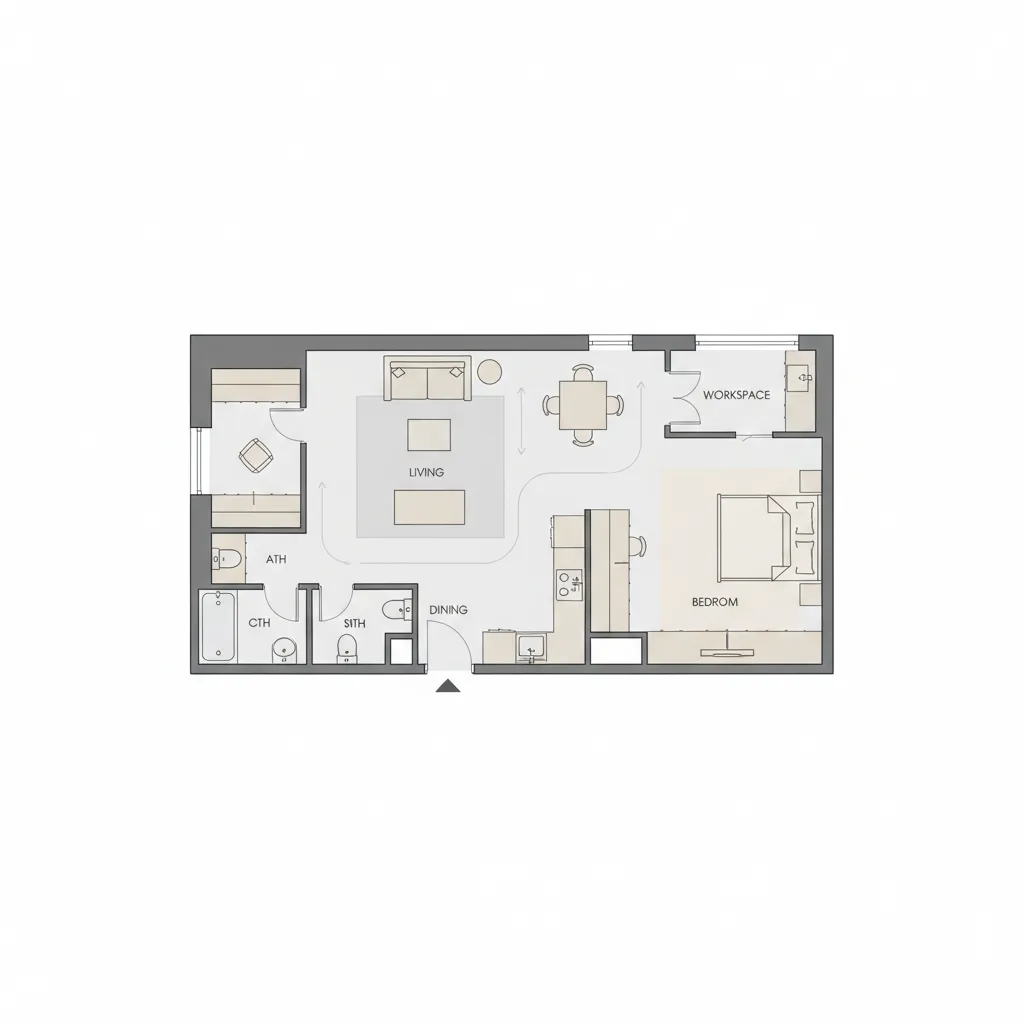 Modern apartment layout diagram showing living zones and circulation flow