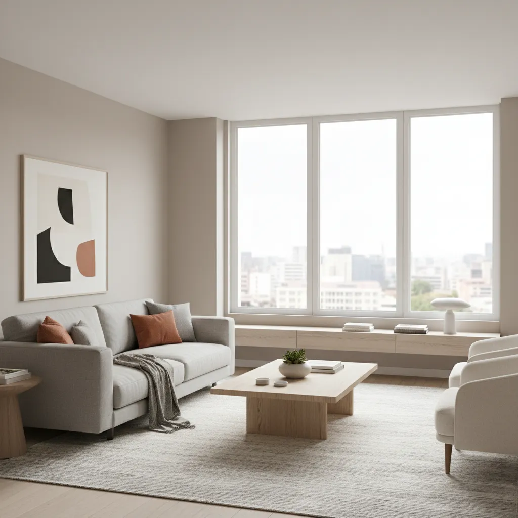 Minimalist living room with grey sofa, orange pillows, wooden coffee table, and large city windows