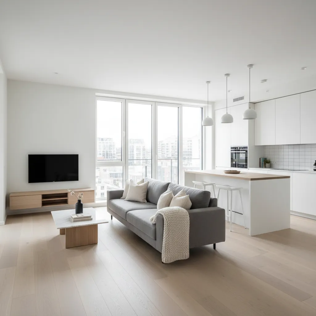 Bright modern apartment living room connected to kitchen in open floor plan