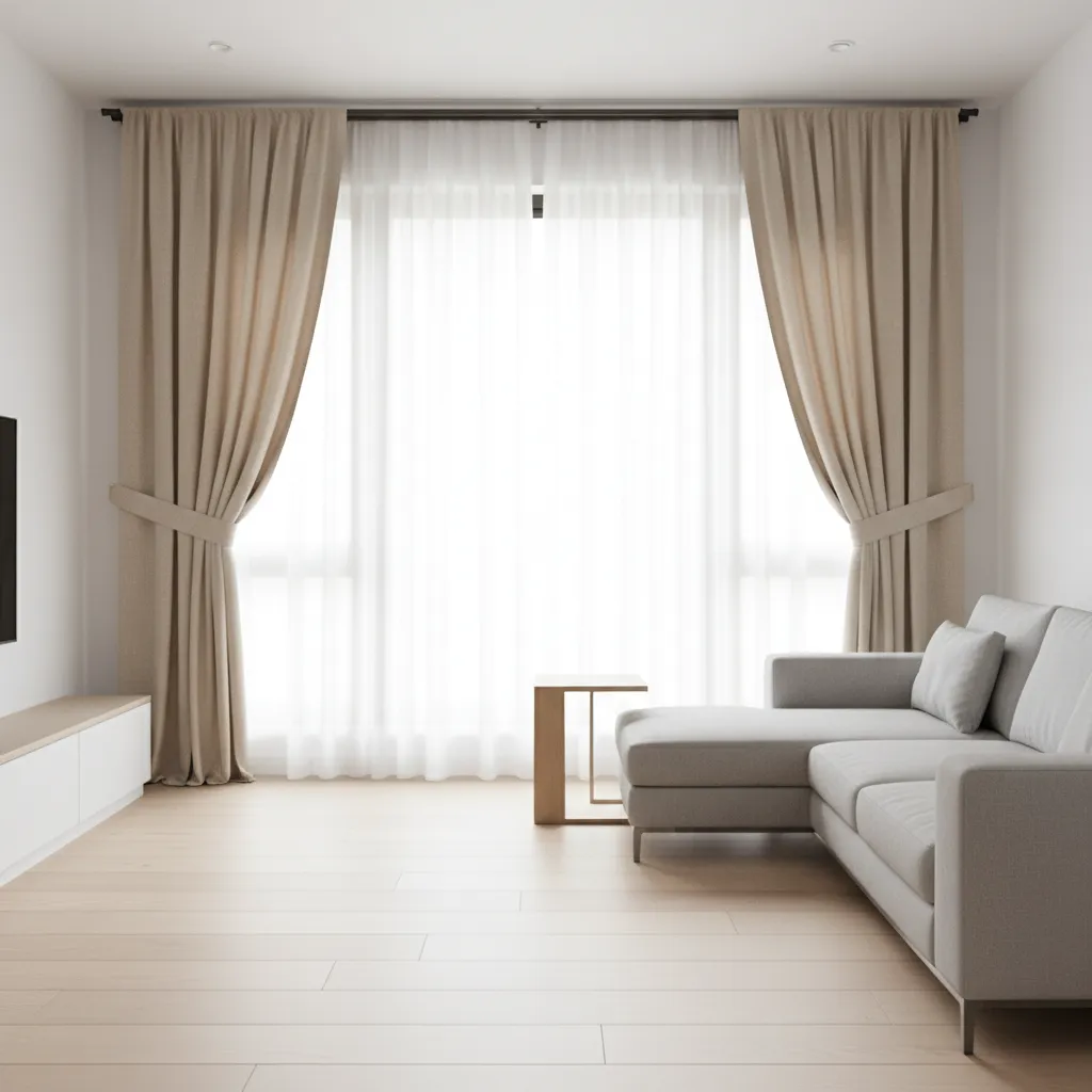 Modern apartment living room using minimal fabric curtain tie backs
