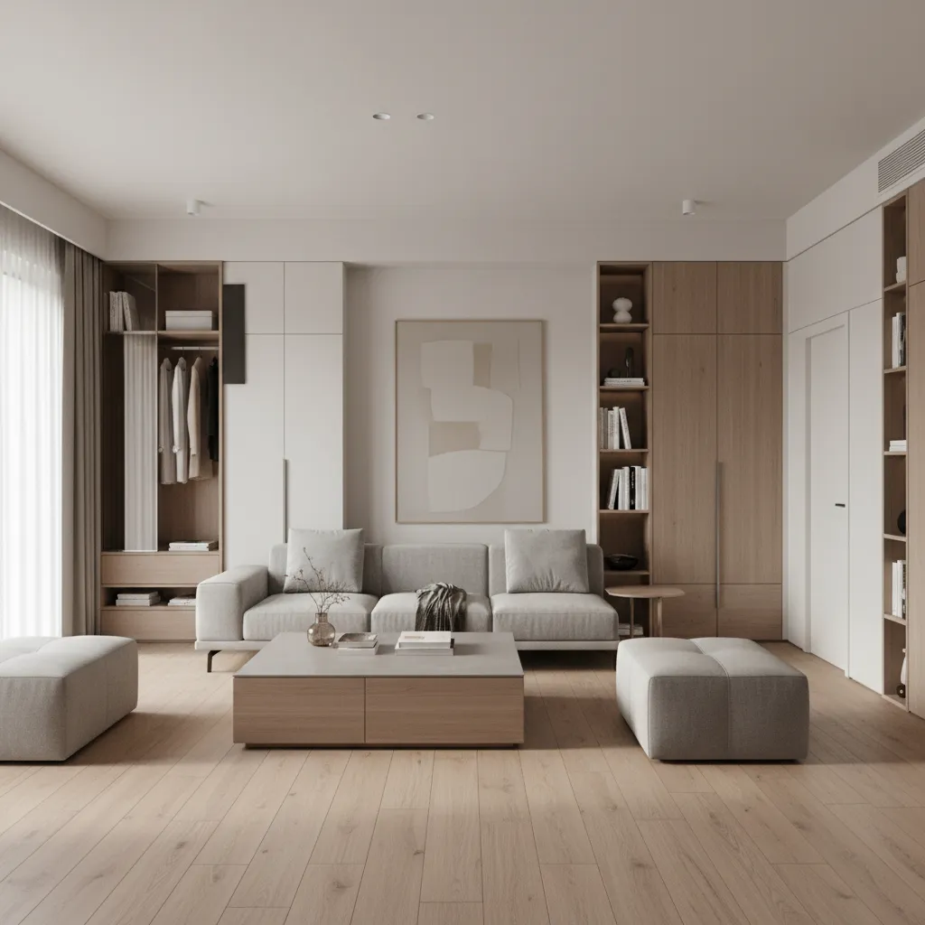 Modern modular apartment interior design with built in storage and neutral decor