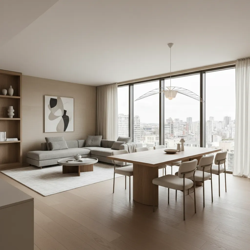 Departamento moderno con distribución abierta entre sala y comedor