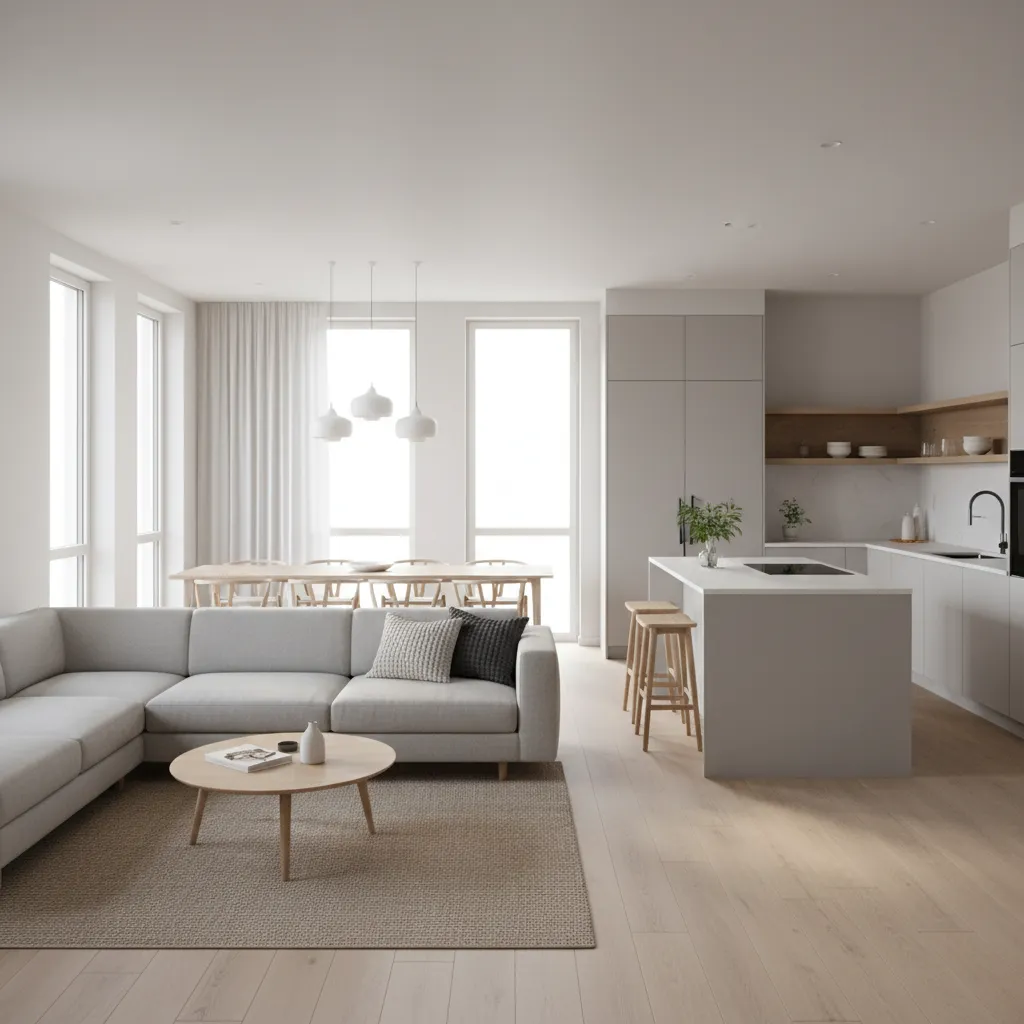 Modern apartment open layout living room and kitchen with natural light