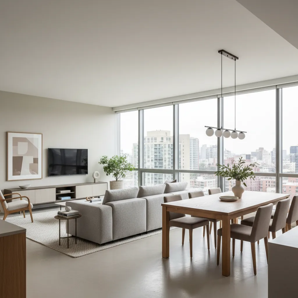Espacio abierto de salón y comedor en un piso moderno