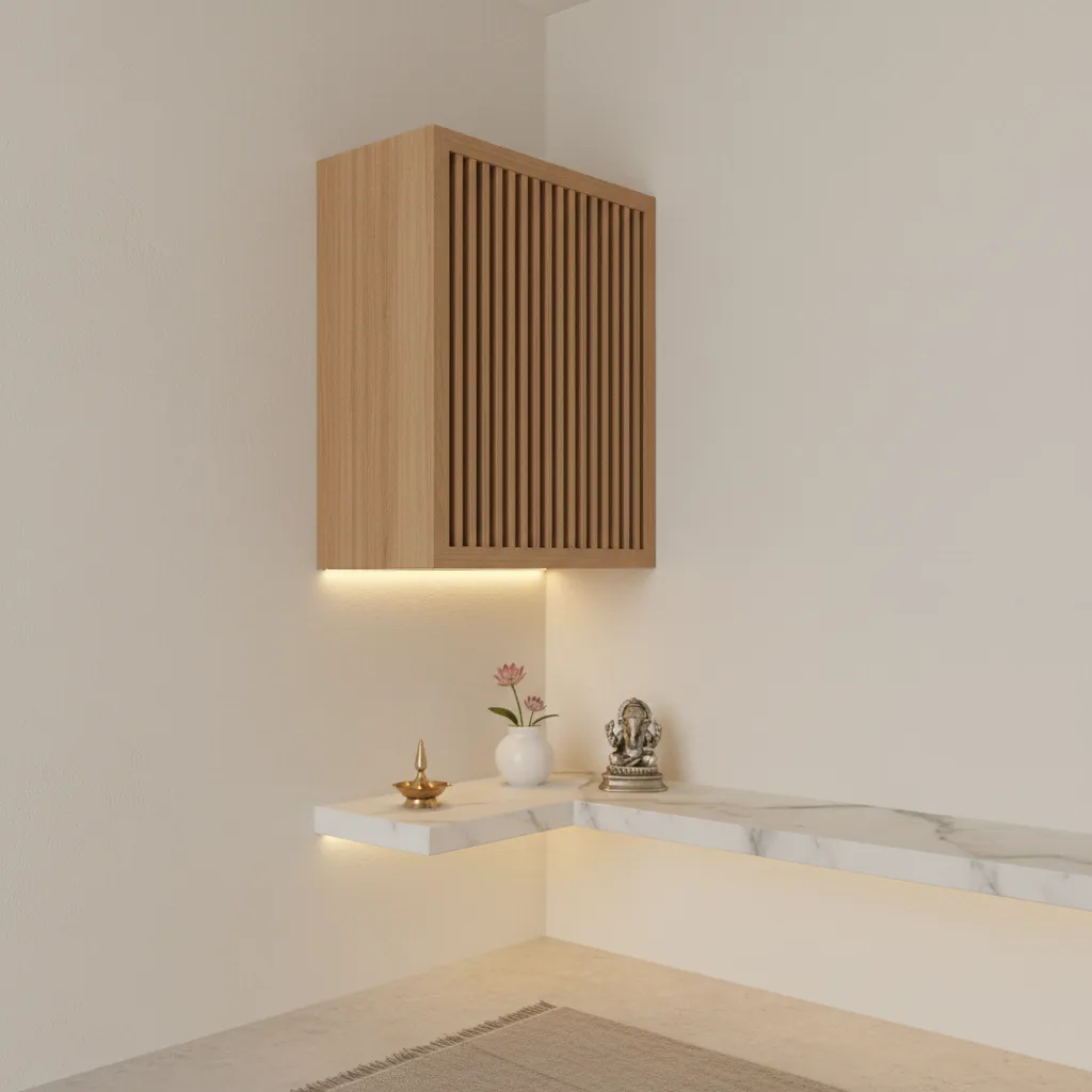 Compact apartment pooja corner with neutral colours and wall mounted mandir