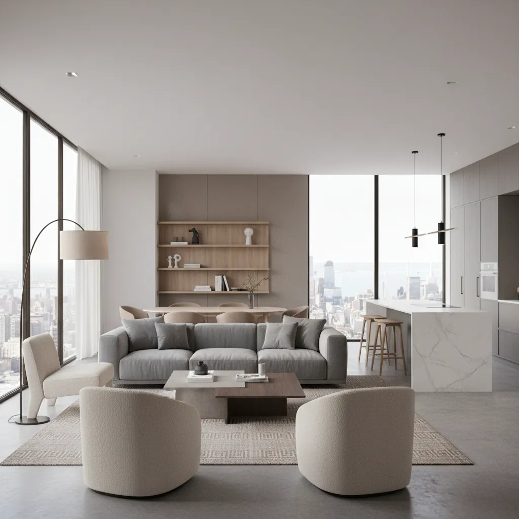 Modern apartment interior showing grey sofa beige chairs marble island and city skyline through windows