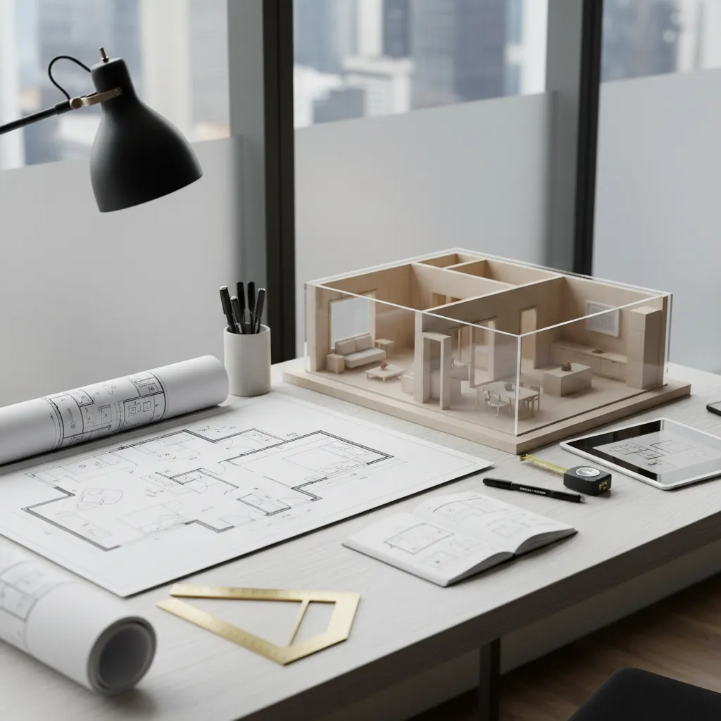 Plano de distribución de un apartamento moderno junto a un modelo 3D del espacio