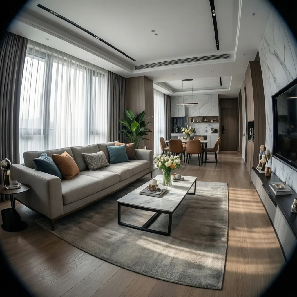 Diseño de sala moderna mostrando planificación del espacio y mobiliario