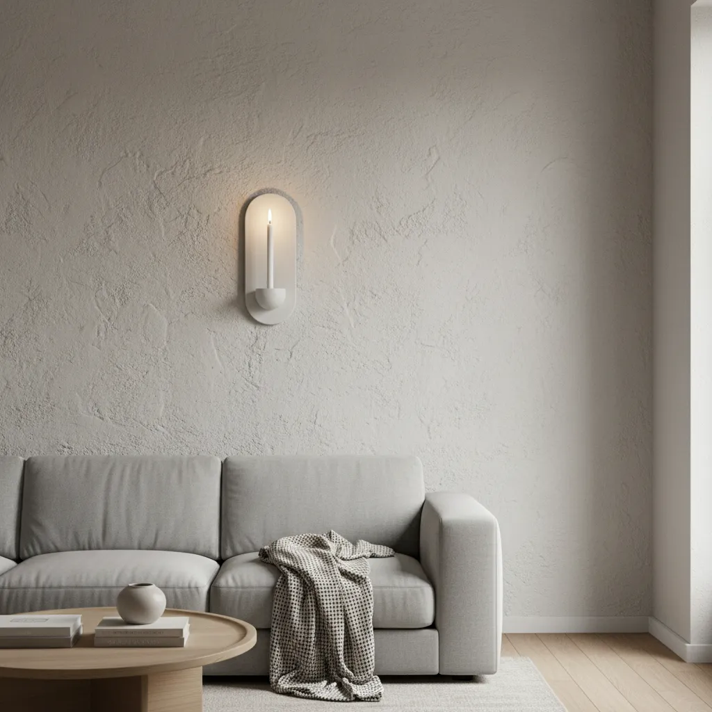 Minimalist wall candle sconce creating warm light in modern apartment