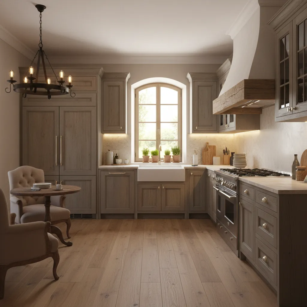 French country kitchen with integrated modern appliances