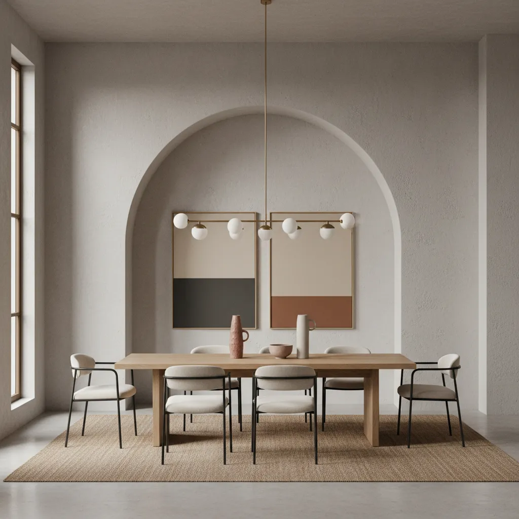 modern dining table placed in front of a decorative arch wall niche