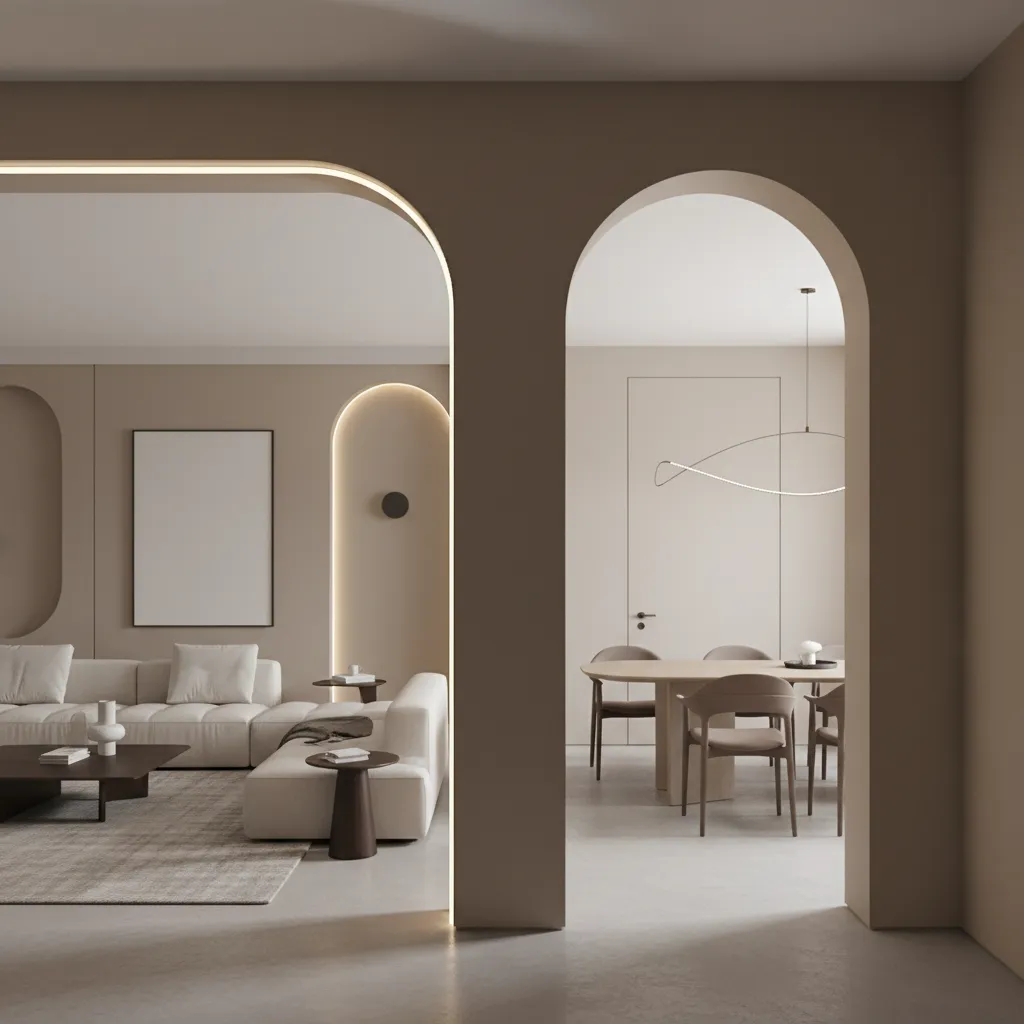 Minimalist living room with white sofa and dining area connected by warm lit wall arch