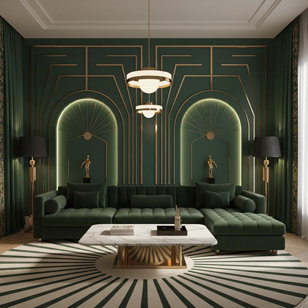Contemporary living room using Art Deco geometric symmetry and bold materials