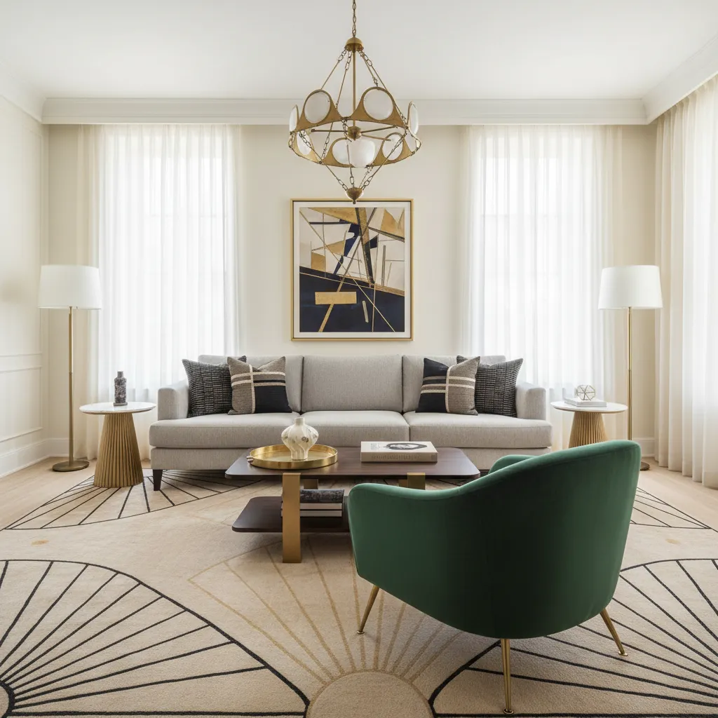 Sala moderna con elementos Art Deco como iluminación geométrica y acentos dorados