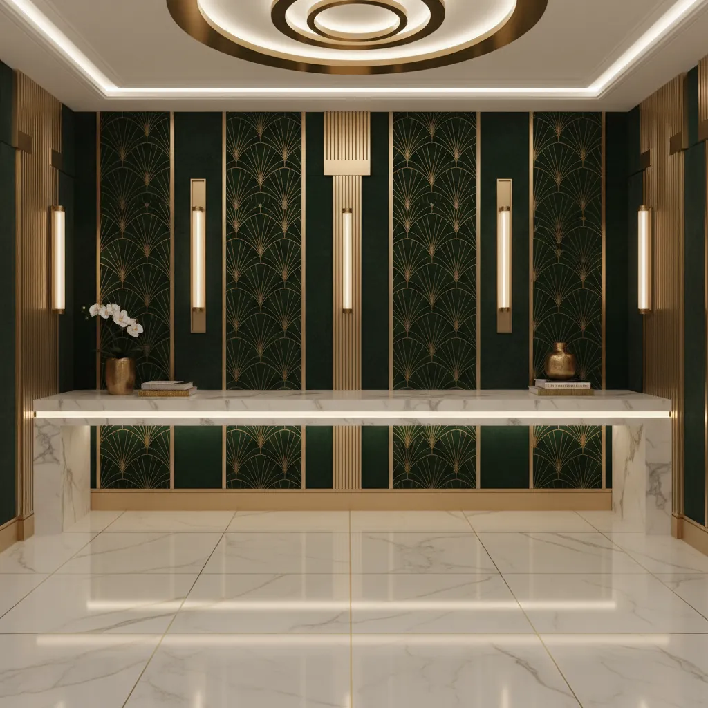 Modern Art Deco interior showing contemporary materials like stone metal and glass