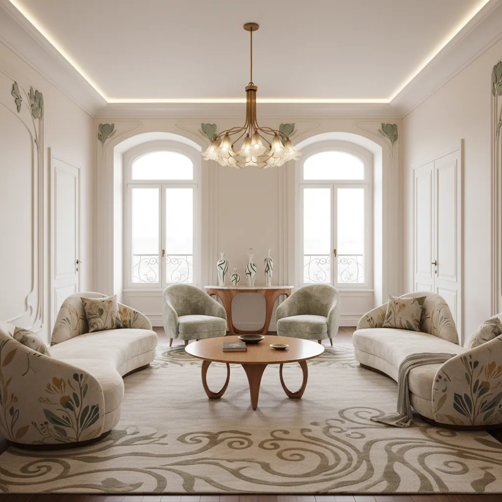Interior moderno inspirado en Art Nouveau con muebles curvos