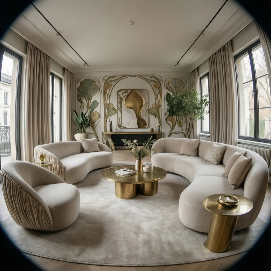 Modern living room with curved beige sofas gold coffee table wall art curtains and rug