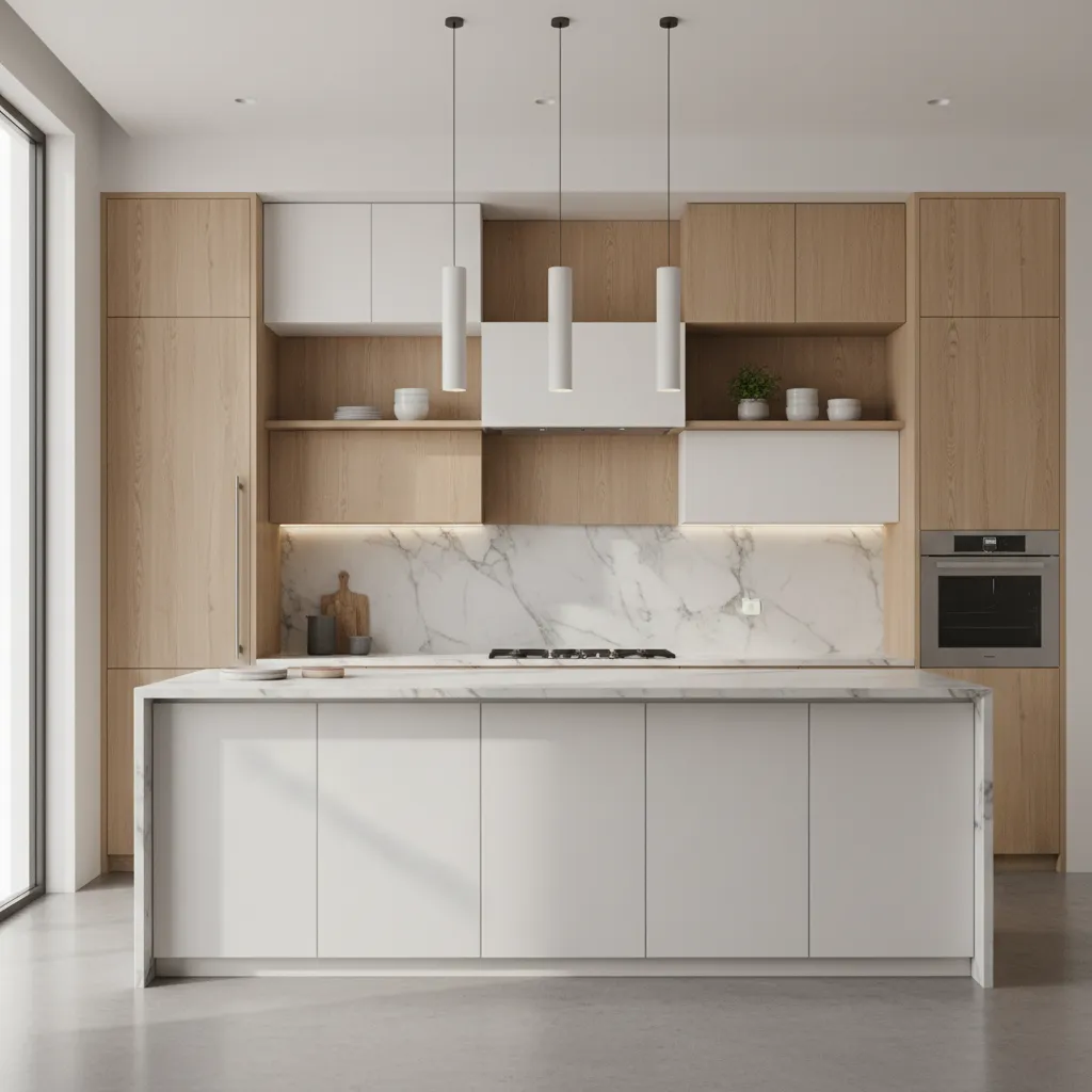 Contemporary kitchen with staggered upper cabinets and open shelves
