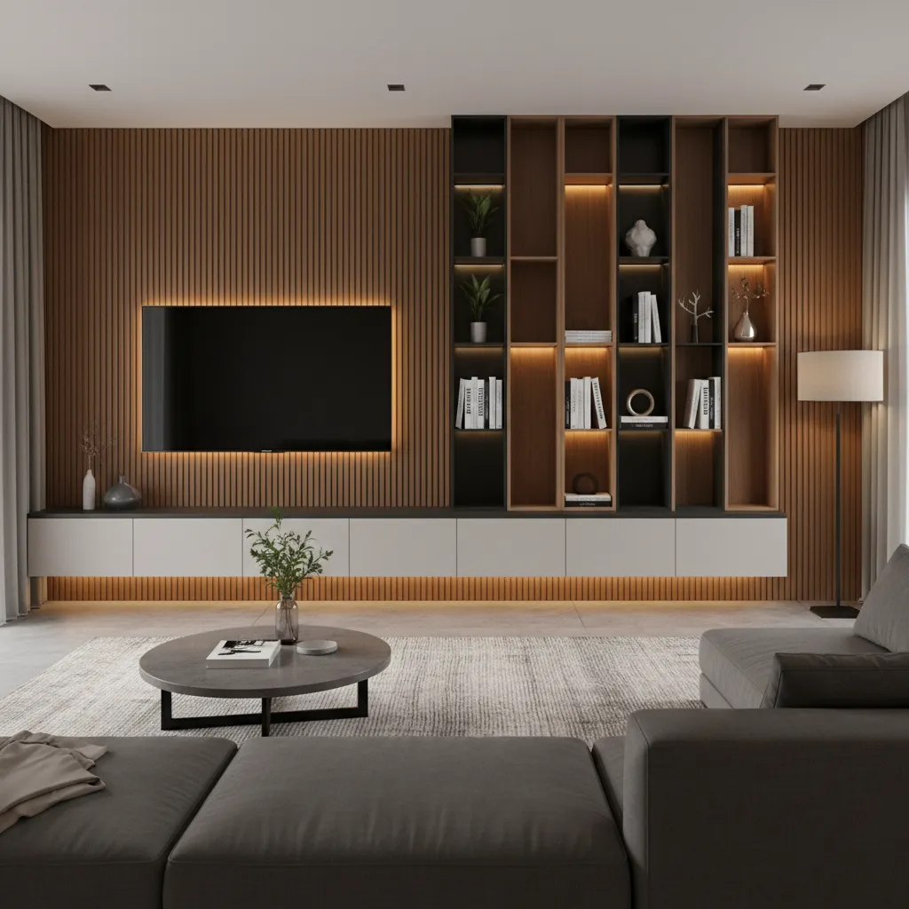 asymmetrical modern TV wall with vertical shelves and floating cabinet