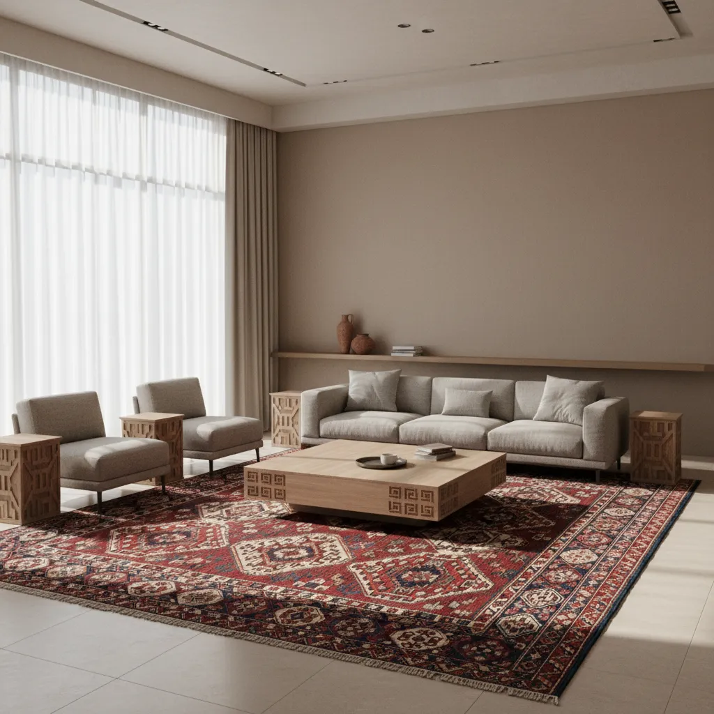 Modern living room with Azerbaijani carpet and contemporary furniture